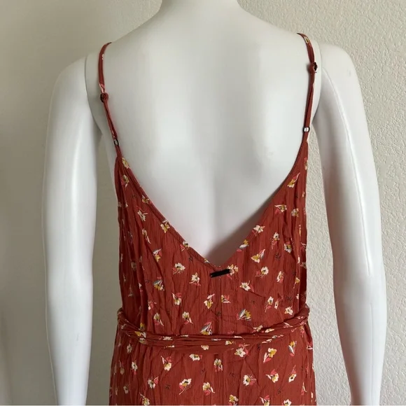 Billabong Size Large Shake It Again Orange Floral Wide Leg Belted Jumpsuit - Picture 7 of 13